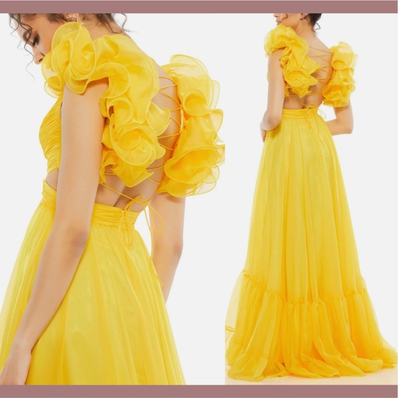 NWT $598‎ Mac Duggal [ 2 ] Ruffle Tiered Cutout Chiffon Gown Sunshin Yellow - Picture 2 of 15